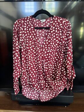 Vince Camuto Wine Red Faux-Wrap Blouse with Cream Dot Print